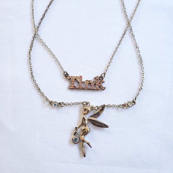 Fairy y2k Silver Tinkerbell Charm Rhinestone necklace Set pink iridescent gems - Picture 1 of 10